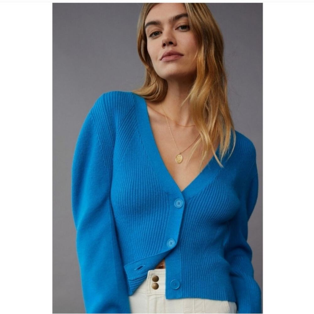 Anthropologie Bright Blue Ribbed V-Neck Cardigan M